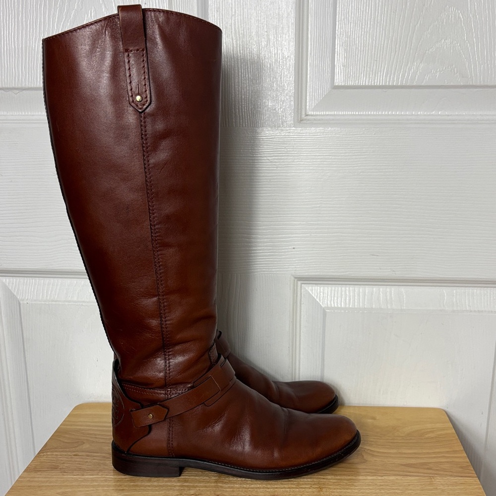 TORY BURCH Tall Brown Leather Riding Boots Size 8 Side Zip Up
